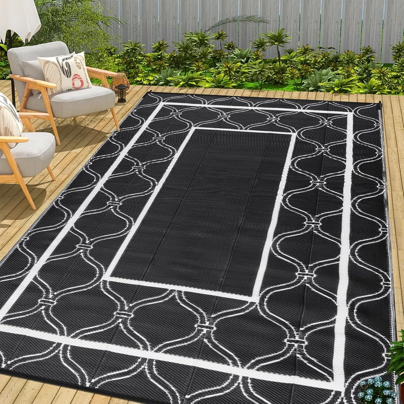 OIGAE Kültéri szőnyeg 150x240 cm fekete UV-álló teraszra erkélyre