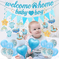 OIODDYY Dekoračná súprava na uvítanie bábätka pre chlapca – 34 ks, modrý banner „Welcome Home Baby Boy“, girlanda, vlajočky, závesné dekorácie a balóny na oslavu príchodu bábätka 6