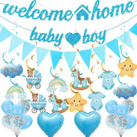 OIODDYY Dekoračná súprava na uvítanie bábätka pre chlapca – 34 ks, modrý banner „Welcome Home Baby Boy“, girlanda, vlajočky, závesné dekorácie a balóny na oslavu príchodu bábätka 1