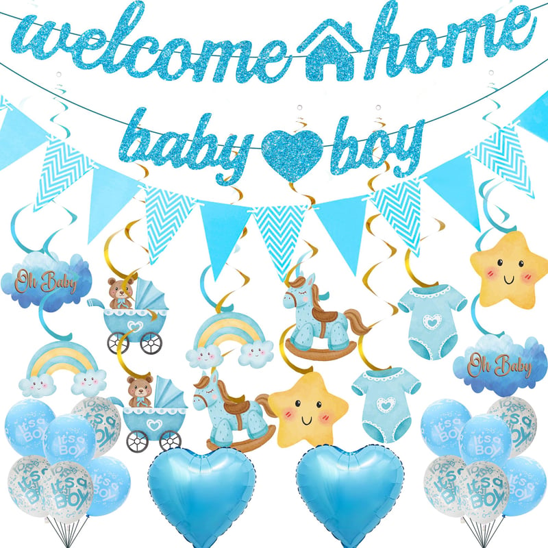 OIODDYY Dekoračná súprava na uvítanie bábätka pre chlapca – 34 ks, modrý banner „Welcome Home Baby Boy“, girlanda, vlajočky, závesné dekorácie a balóny na oslavu príchodu bábätka