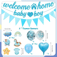 OIODDYY Dekoračná súprava na uvítanie bábätka pre chlapca – 34 ks, modrý banner „Welcome Home Baby Boy“, girlanda, vlajočky, závesné dekorácie a balóny na oslavu príchodu bábätka 2