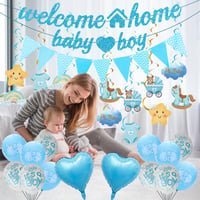 OIODDYY Dekoračná súprava na uvítanie bábätka pre chlapca – 34 ks, modrý banner „Welcome Home Baby Boy“, girlanda, vlajočky, závesné dekorácie a balóny na oslavu príchodu bábätka 7