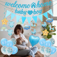 OIODDYY Dekoračná súprava na uvítanie bábätka pre chlapca – 34 ks, modrý banner „Welcome Home Baby Boy“, girlanda, vlajočky, závesné dekorácie a balóny na oslavu príchodu bábätka 5