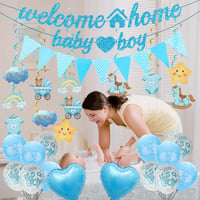 OIODDYY Dekoračná súprava na uvítanie bábätka pre chlapca – 34 ks, modrý banner „Welcome Home Baby Boy“, girlanda, vlajočky, závesné dekorácie a balóny na oslavu príchodu bábätka 4