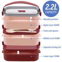 OITUGG 3-poschodový obedár 2200 ml červený Bento box pre dospelých s príborom, bez BPA, vhodný do mikrovlnky, desiatový box do kancelárie 5