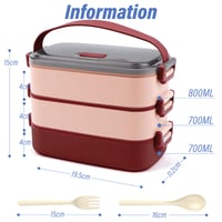 OITUGG 3-poschodový obedár 2200 ml červený Bento box pre dospelých s príborom, bez BPA, vhodný do mikrovlnky, desiatový box do kancelárie 6