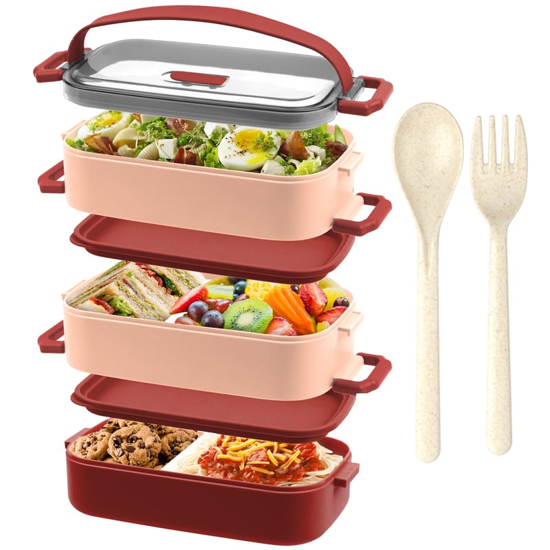 OITUGG 3-poschodový obedár 2200 ml červený Bento box pre dospelých s príborom, bez BPA, vhodný do mikrovlnky, desiatový box do kancelárie