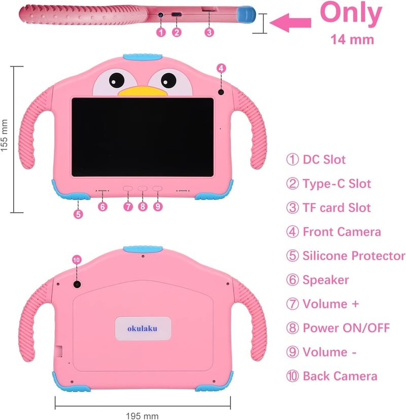 okulaku 7" Gyerek Tablet 32GB WiFi Dual Kamera Szülői Kontrol 3-14 év