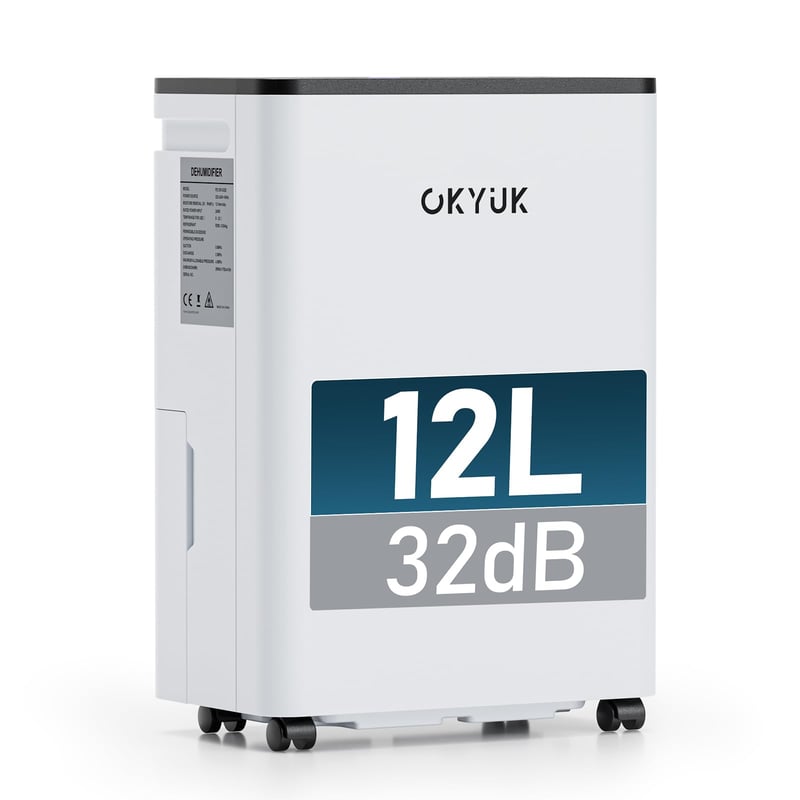 OKYUK električni odvlaživač zraka, 12 L, s digitalnim prikazom vlage, tih (32 dB), za prostorije do 30 m², s automatskim isključivanjem, za kamp-kućice i kupaonice