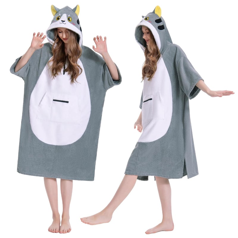 Poncho de baie din microfibră pentru adulți OLAOLA, poncho de surf cu glugă și buzunare, prosop cu uscare rapidă pentru schimbat, pentru plajă, model cu pisici