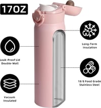 Olerd 500ml rozsdamentes acél termosz - hideg-meleg tartó, szorítható, sport és iskolai vízpalack rózsaszín 4