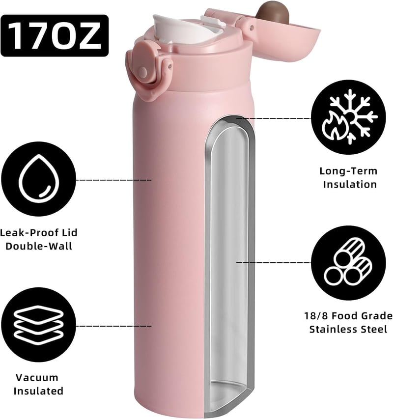 Olerd 500ml rozsdamentes acél termosz - hideg-meleg tartó, szorítható, sport és iskolai vízpalack rózsaszín