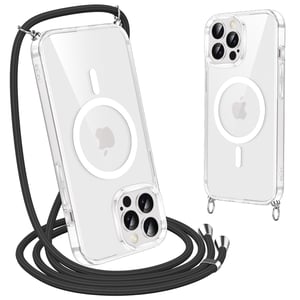 Olgary iPhone 16 Pro MagSafe kompatibilna magnetska maska s vezicom za oko vrata, podesiva uzica, crna, otporna na udarce, prozirna stražnja strana