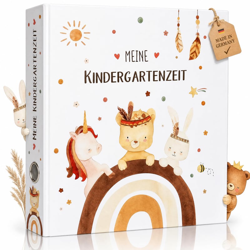 Dosar cu inele OLGS Meine Kindergartenzeit Boho pentru copii, album pentru amintiri de la grădiniță, cu animale, DIN A4, curcubeu, unicorn, leu, iepuraș
