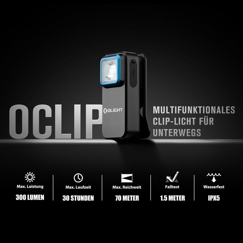 OLIGHT Oclip Mini LED zseblámpa piros fénnyel, 300 lumen USB-C töltős - Black