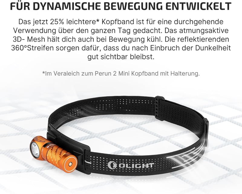 OLIGHT Perun 3 Mini fejlámpa 1250 lumen, vízálló, piros fény, 8 mód - Orange