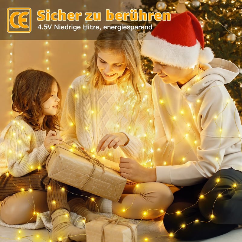 Ollny 2 db 10m-es LED Tündérfény - 100 LED Elemes Rézhuzalos Fényfüzér IP44 Vízálló Dekoráció Esküvőre, Partira, Karácsonyra (Meleg Fehér)