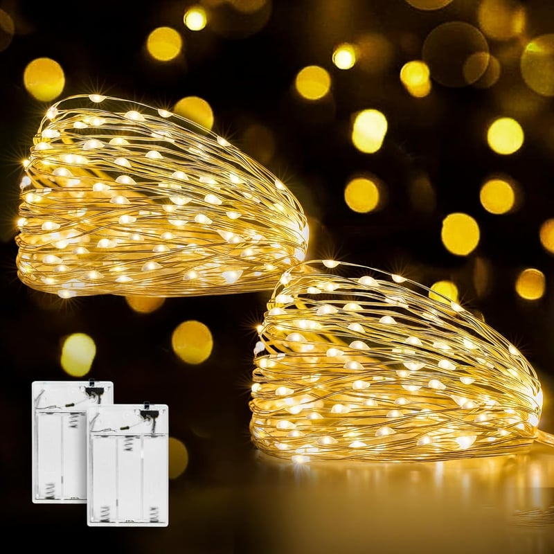 Ollny 2 db 5m-es LED Tündérfény Elemmel - 50 LED-es Vízálló Rézhuzalos Beltéri Fényfüzér Dekorációhoz, Esküvőre, Partikra (Meleg Fehér)