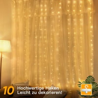 Svetelná záclona Ollny s 200 LED diódami, USB pripojenie, teplá biela, 2x2 m, 8 režimov svietenia, vianočná dekorácia do interiéru 3