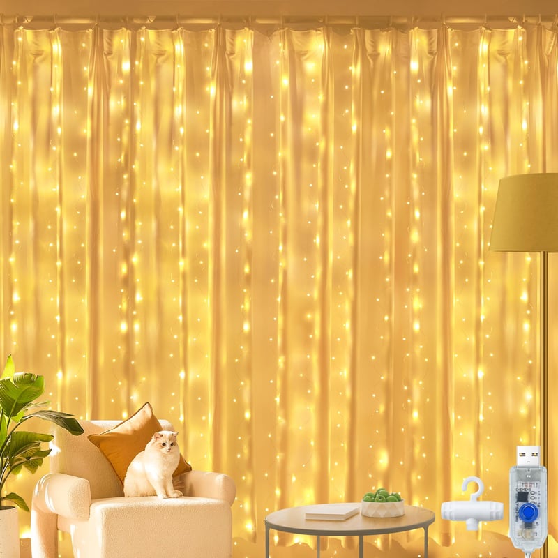 Svetelná záclona Ollny s 200 LED diódami, USB pripojenie, teplá biela, 2x2 m, 8 režimov svietenia, vianočná dekorácia do interiéru