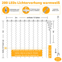 Svetelná záclona Ollny s 200 LED diódami, USB pripojenie, teplá biela, 2x2 m, 8 režimov svietenia, vianočná dekorácia do interiéru 2