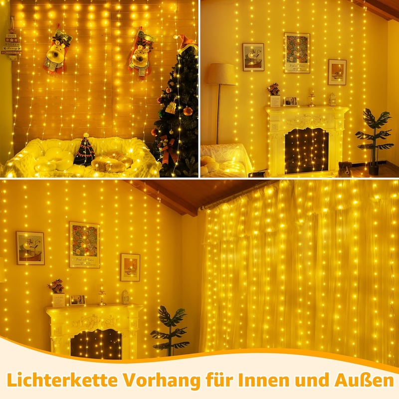 Ollny 300 LED Fényfüggöny 3x3m - IP67 Vízálló Meleg Fehér Tündérfény, 8 Világítási Móddal, Távirányítóval és Időzítővel, Kültéri-Beltéri Dek