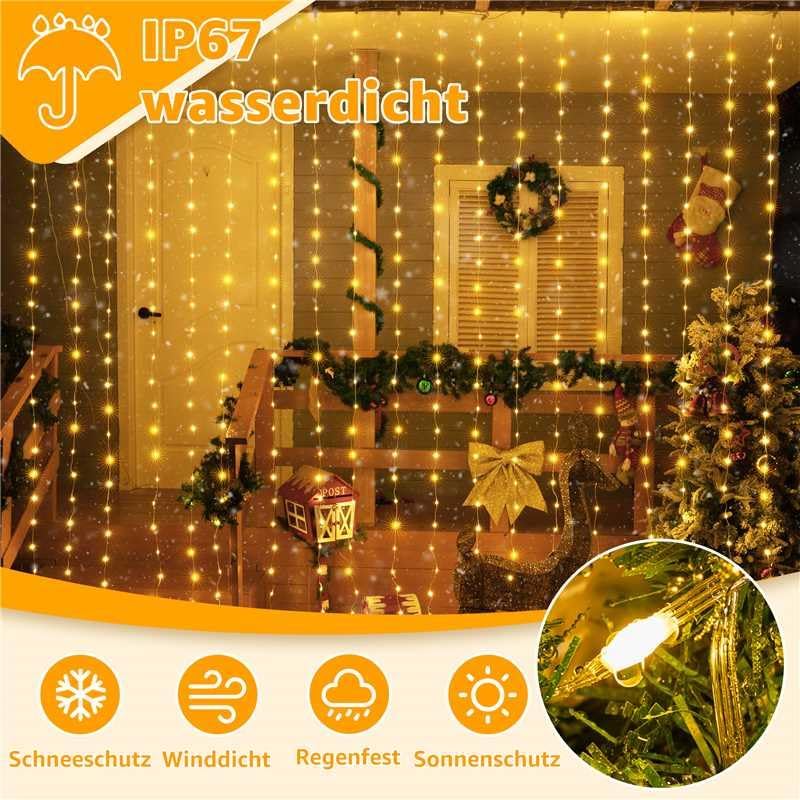 Ollny 300 LED Fényfüggöny 3x3m - IP67 Vízálló Meleg Fehér Tündérfény, 8 Világítási Móddal, Távirányítóval és Időzítővel, Kültéri-Beltéri Dek