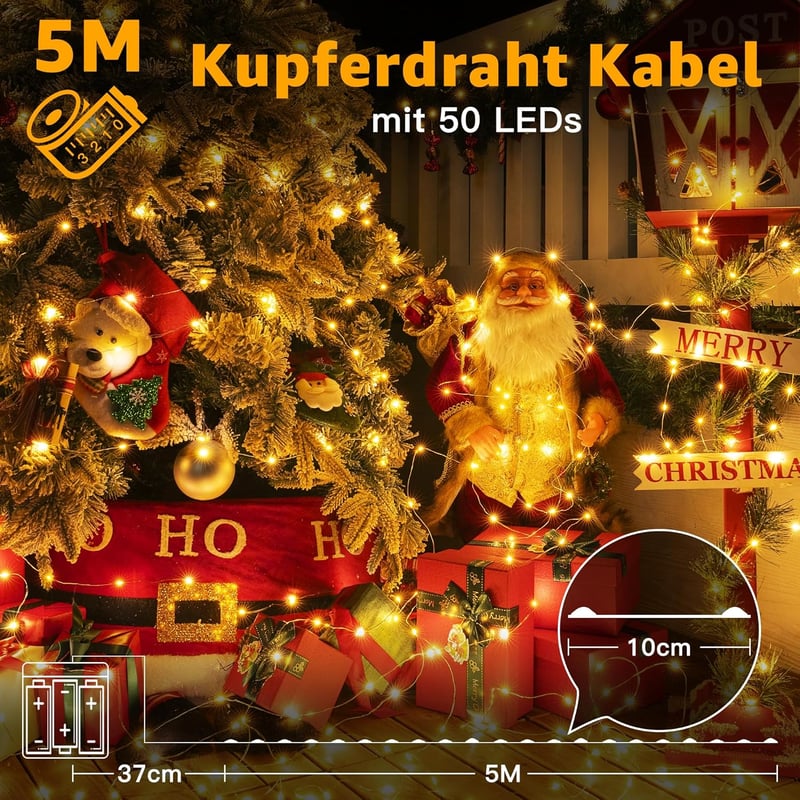 Ollny 2 db 5m-es LED Tündérfény Elemmel - 50 LED-es Vízálló Rézhuzalos Beltéri Fényfüzér Dekorációhoz, Esküvőre, Partikra (Meleg Fehér)