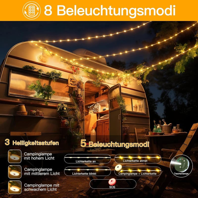 Ollny Camping Fairy Lights 10m Hordozható Töltödhető Kültéri Lámpa