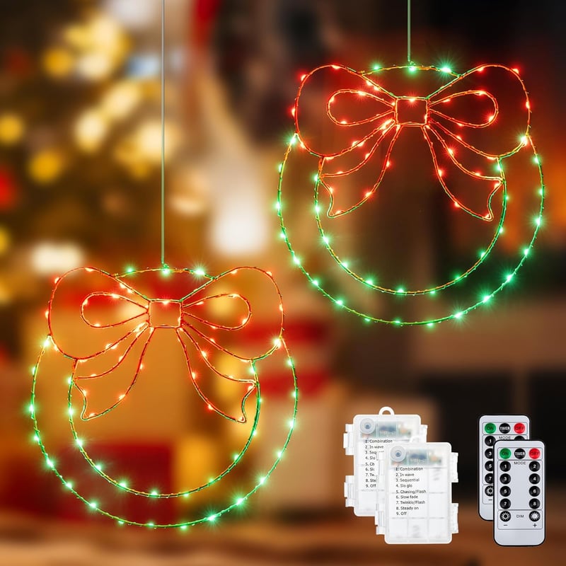 Ollny Karácsonyi LED Koszorú Ablakdísz 160 LED 8 Mód Időzítő 2db Piros Zöld
