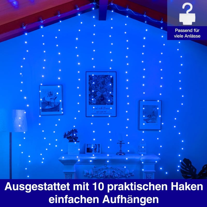Ollny LED Fényfüggöny 2x2m, 200 LED, USB, Kék - Vízálló Villogó Fénysor 10 Akasztóval Beltéri és Kültéri Dekorációhoz, Karácsonyra, Falra - Blue