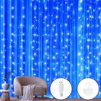 Ollny LED Fényfüggöny 2x2m, 200 LED, USB, Kék - Vízálló Villogó Fénysor 10 Akasztóval Beltéri és Kültéri Dekorációhoz, Karácsonyra, Falra - Blue 1