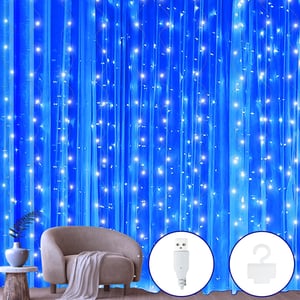 Ollny LED svetelný záves 2x2m, 200 LED, USB, modrý - Vodoodolná blikajúca svetelná reťaz s 10 háčikmi na vnútornú a vonkajšiu dekoráciu, na Vianoce, na stenu