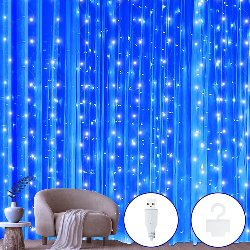 Ollny LED Fényfüggöny 2x2m, 200 LED, USB, Kék - Vízálló Villogó Fénysor 10 Akasztóval Beltéri és Kültéri Dekorációhoz, Karácsonyra, Falra - Blue