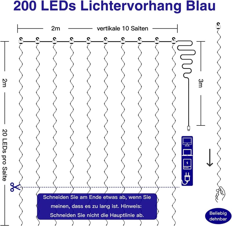 Ollny LED Fényfüggöny 2x2m, 200 LED, USB, Kék - Vízálló Villogó Fénysor 10 Akasztóval Beltéri és Kültéri Dekorációhoz, Karácsonyra, Falra - Blue