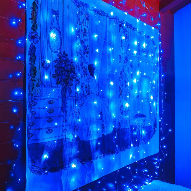Ollny LED Fényfüggöny 2x2m, 200 LED, USB, Kék - Vízálló Villogó Fénysor 10 Akasztóval Beltéri és Kültéri Dekorációhoz, Karácsonyra, Falra - Blue