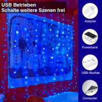 Ollny LED Fényfüggöny 2x2m, 200 LED, USB, Kék - Vízálló Villogó Fénysor 10 Akasztóval Beltéri és Kültéri Dekorációhoz, Karácsonyra, Falra - Blue 3