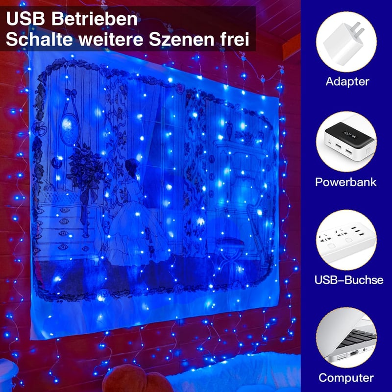 Ollny LED Fényfüggöny 2x2m, 200 LED, USB, Kék - Vízálló Villogó Fénysor 10 Akasztóval Beltéri és Kültéri Dekorációhoz, Karácsonyra, Falra - Blue