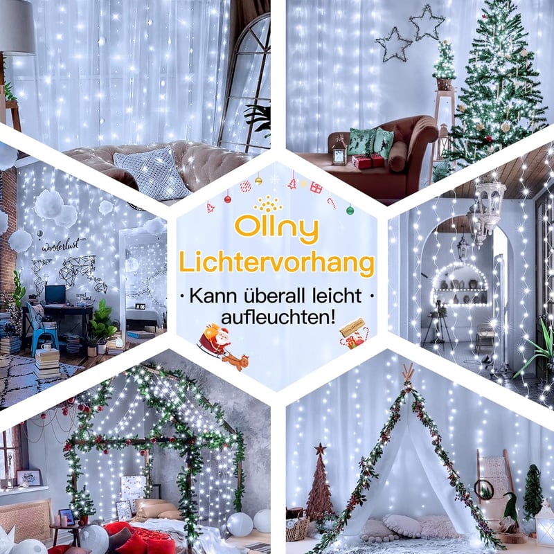 Ollny LED Fényfüggöny 3x3m - 300 LED Fehér Vízálló USB Tündérfény Beltéri/Kültéri Dekoráció Falra, Ablakra, Erkélyre, Karácsonyi Partikra
