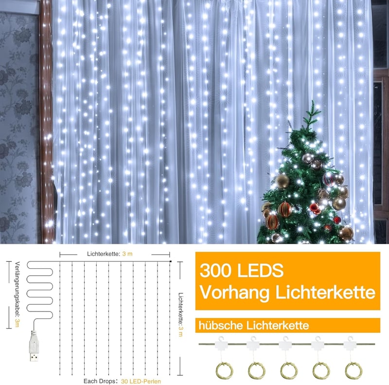 Ollny LED Fényfüggöny 3x3m - 300 LED Fehér Vízálló USB Tündérfény Beltéri/Kültéri Dekoráció Falra, Ablakra, Erkélyre, Karácsonyi Partikra