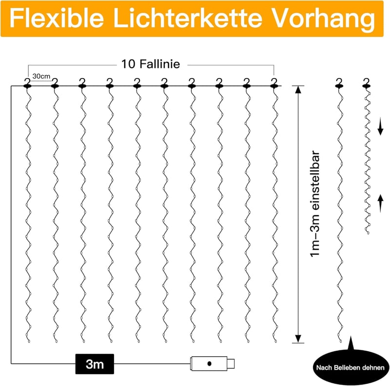 Ollny LED Fényfüggöny 3x3m - 300 LED Fehér Vízálló USB Tündérfény Beltéri/Kültéri Dekoráció Falra, Ablakra, Erkélyre, Karácsonyi Partikra