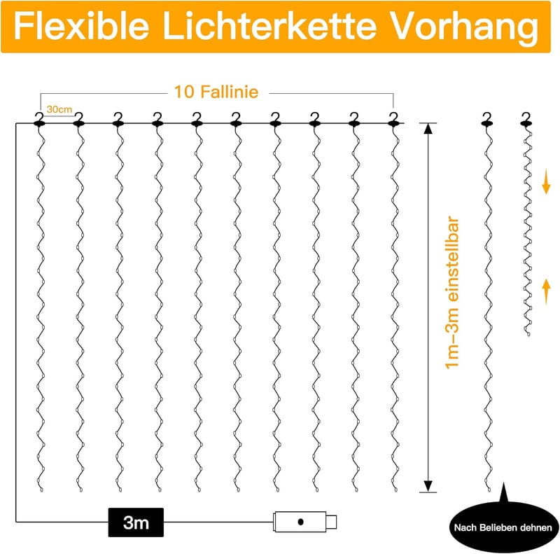 Ollny LED Fényfüggöny 3x3m - 300 LED Meleg Fehér LED fény - Vízálló USB Világítás Kültéri/Beltéri Használatra - Karácsonyi Dekoráció Falra