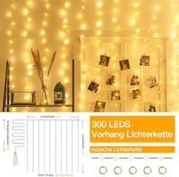 Ollny LED Fényfüggöny 3x3m - 300 LED Meleg Fehér LED fény - Vízálló USB Világítás Kültéri/Beltéri Használatra - Karácsonyi Dekoráció Falra 2