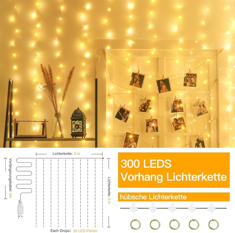 Ollny LED Fényfüggöny 3x3m - 300 LED Meleg Fehér LED fény - Vízálló USB Világítás Kültéri/Beltéri Használatra - Karácsonyi Dekoráció Falra