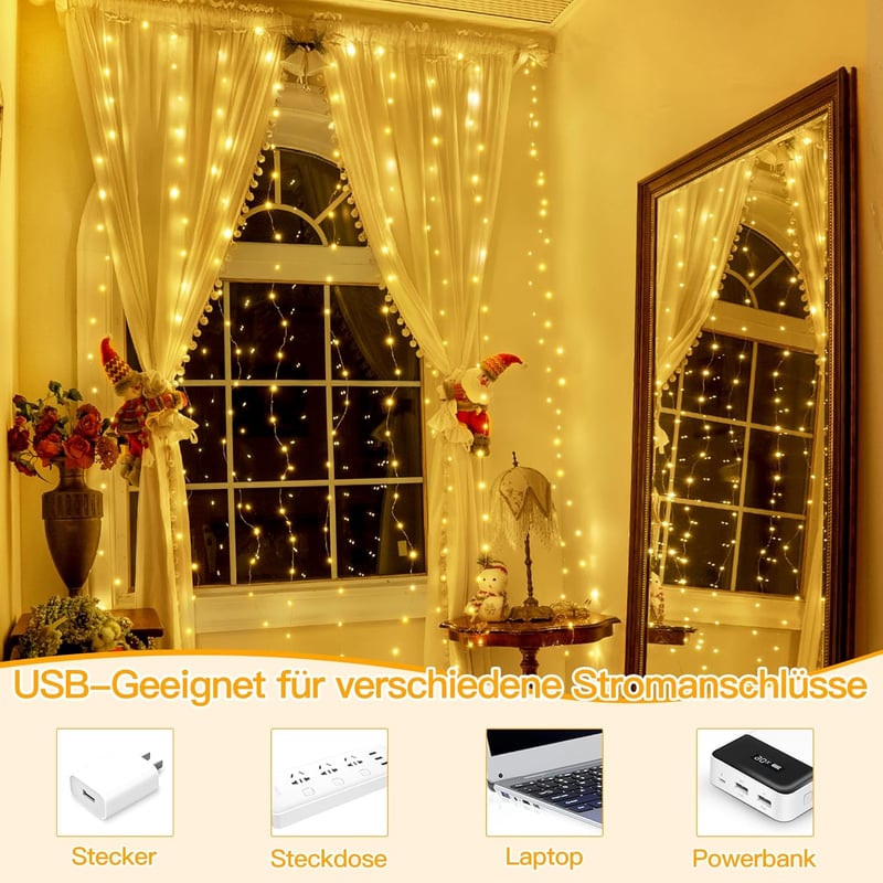 Ollny LED Fényfüggöny 3x3m - 300 LED Meleg Fehér LED fény - Vízálló USB Világítás Kültéri/Beltéri Használatra - Karácsonyi Dekoráció Falra