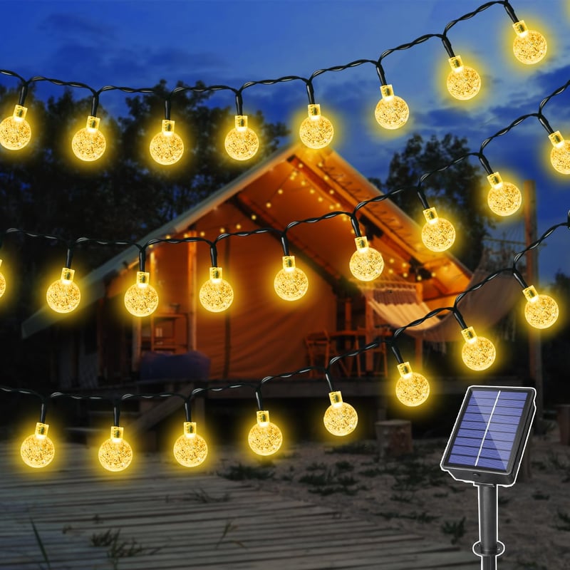 Ollny Napelemes Kerti Fényfüzér 8m 60 LED Meleg Fehér - IP65 Vízálló Kültéri Világítás 8 Üzemmóddal Kerthez Teraszhoz Erkélyhez Esküvőre