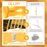 Ollny Tündérfény 15m 150 LED Elemes Fényfüzér - Meleg Fehér, Vízálló IP44, Beltéri-Kültéri Dekoráció Kertbe, Erkélyre, Karácsonyra 8