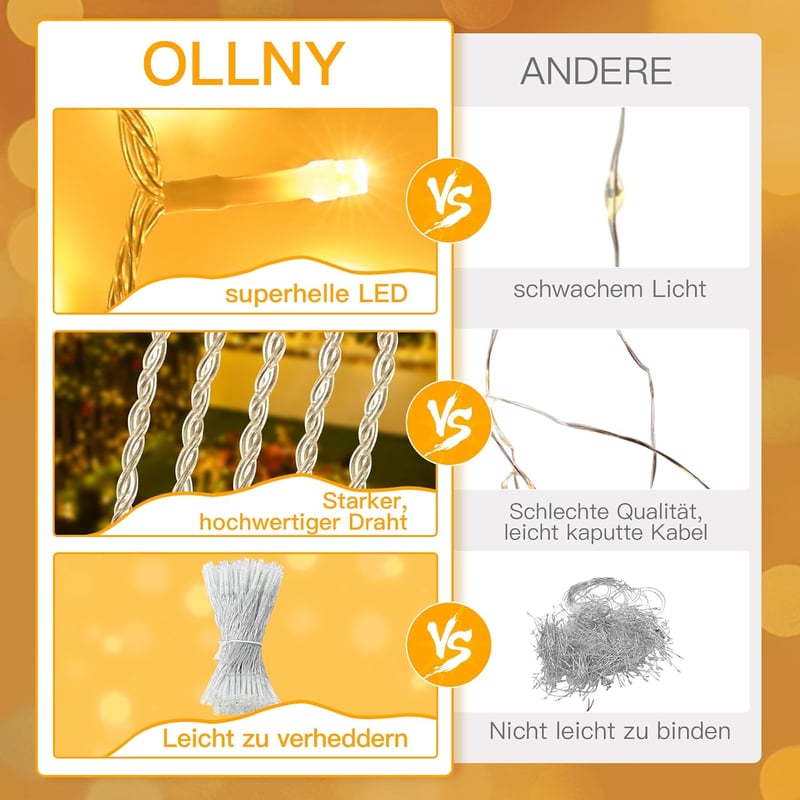Ollny Tündérfény 15m 150 LED Elemes Fényfüzér - Meleg Fehér, Vízálló IP44, Beltéri-Kültéri Dekoráció Kertbe, Erkélyre, Karácsonyra