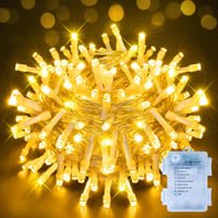 Ollny Tündérfény 15m 150 LED Elemes Fényfüzér - Meleg Fehér, Vízálló IP44, Beltéri-Kültéri Dekoráció Kertbe, Erkélyre, Karácsonyra 1