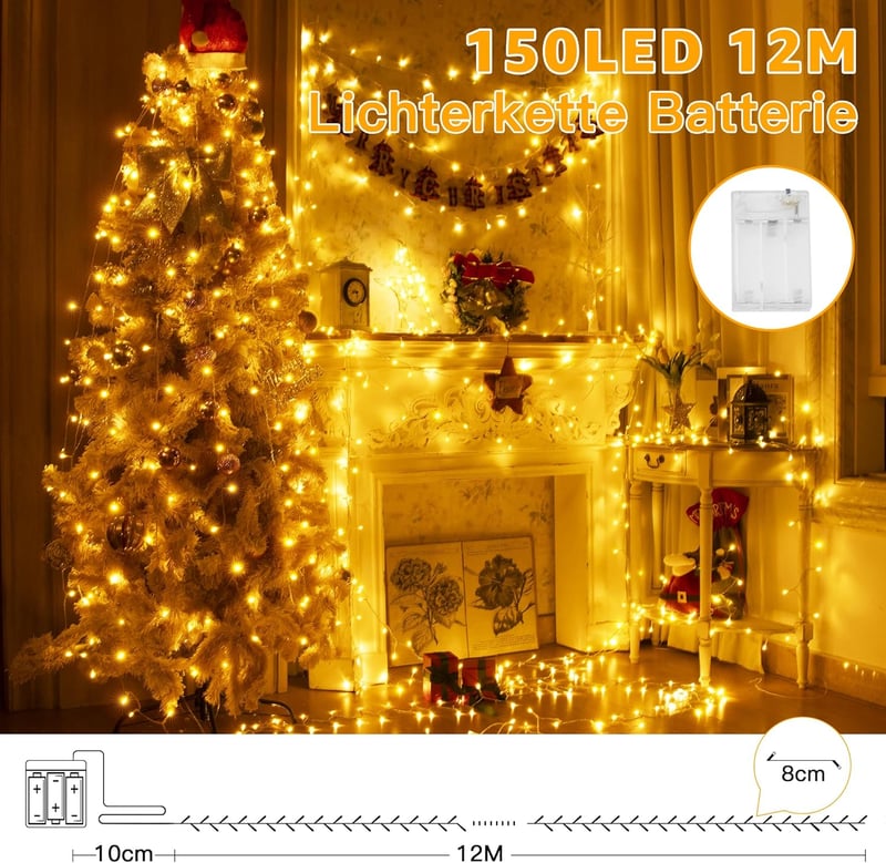 Ollny Tündérfény 15m 150 LED Elemes Fényfüzér - Meleg Fehér, Vízálló IP44, Beltéri-Kültéri Dekoráció Kertbe, Erkélyre, Karácsonyra